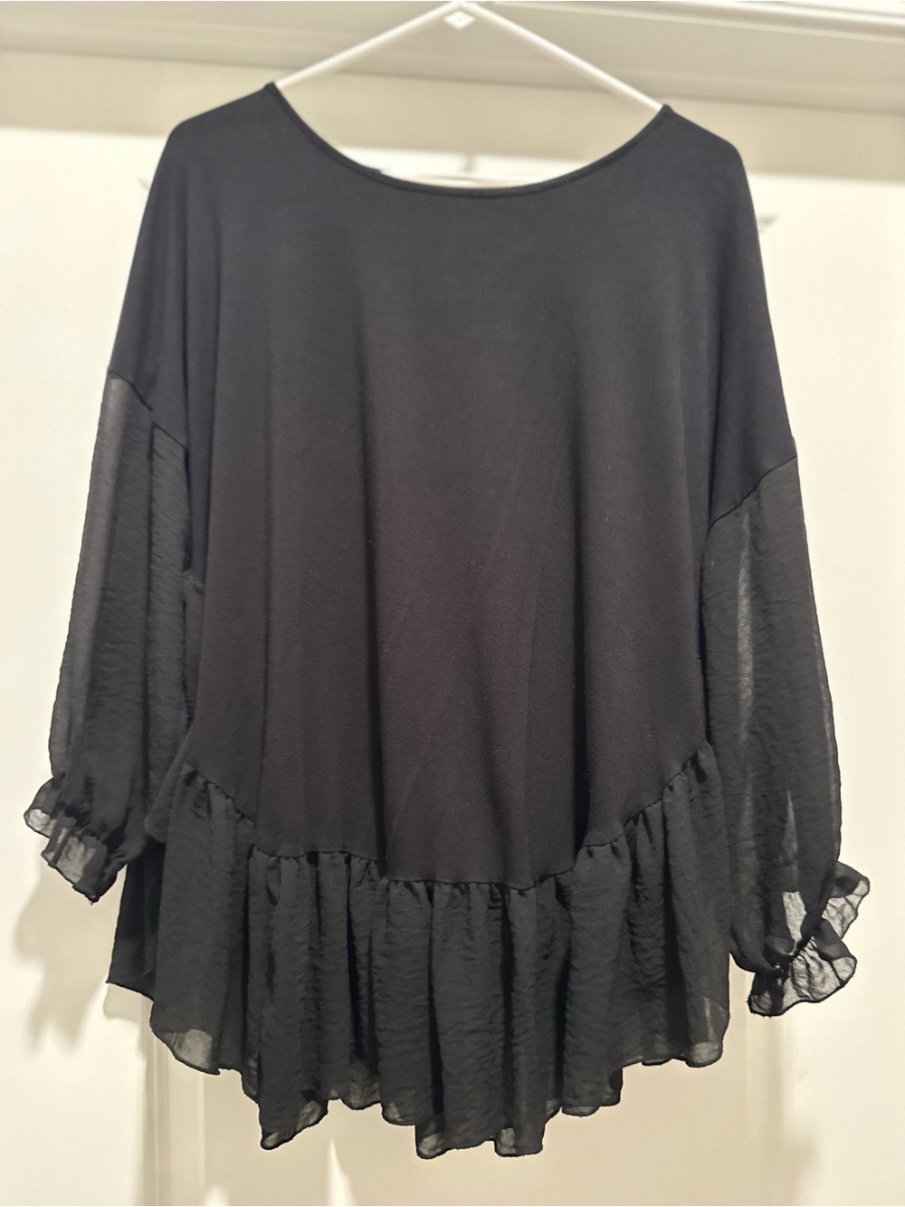 pebble and stone Black Ruffle-Hem Tunic with Sheer Sleeves